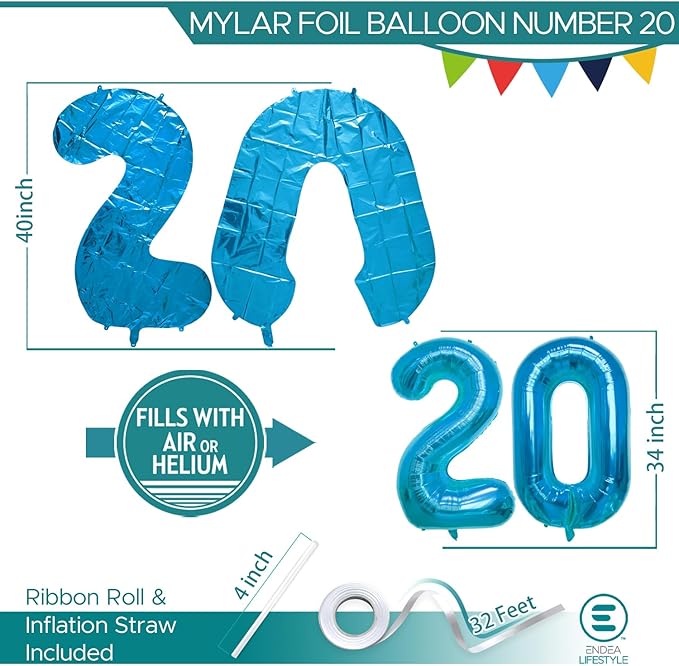40 Inch Large Blue Number Celebration and Decoration Balloon for Birthday Parties, Graduations, Anniversaries, Weddings, Photo Shoots, Special Events - Helium Foil Mylar (Blue Number 20)
