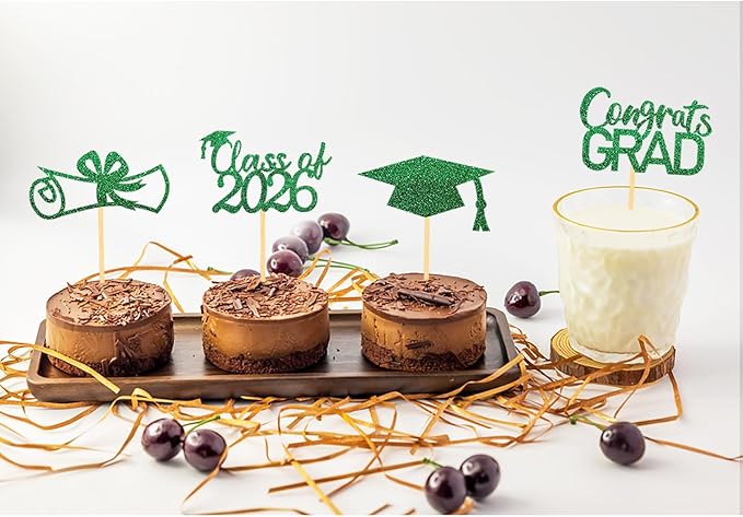 2026 Graduation Theme Cupcake Toppers Glitter Class of 2025 Graduation Cap Diploma Cupcake Picks - Set of 24 (Green2)