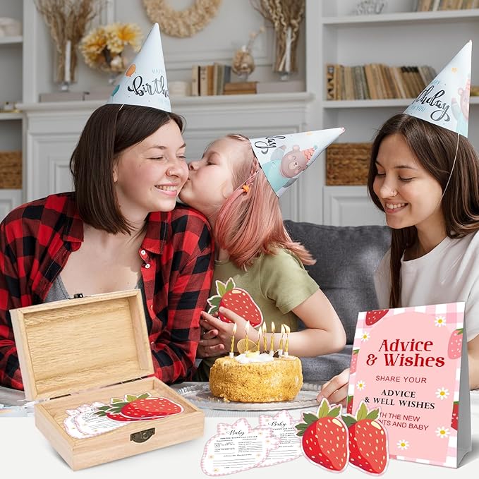 52 Pcs Strawberry Baby Shower Advice and Wishes Cards Box Set, 50 Strawberry Double Sided Advice Cards with Wooden Keepsake Box for Parents To Be, Pink Well Wishes Box for Baby Shower Birthday Party