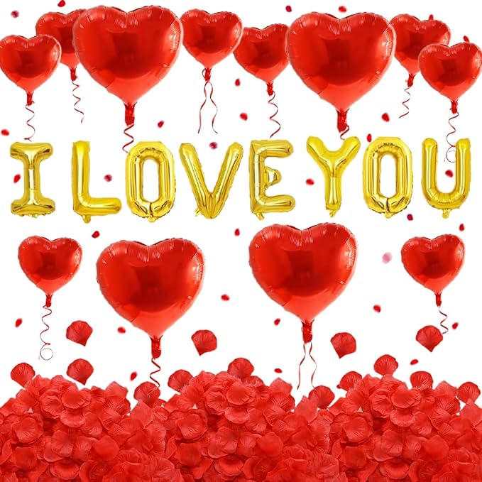 2 set 16 inch I Love You Balloons and Heart Balloon with 500 Pieces Rose Petals, Gold I Love You Letter Balloons for Him/Her Valentines Day Decorations Wedding Anniversary Engagement