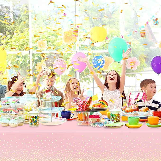 Mulbozy 2 Pcs Pink Tablecloth 54"×108" Gold Dot Pink Table Cloth, Pink Disposable Plastic Tablecover for Birthday, Baby Shower, Picnic, Camping, Event & Parties…
