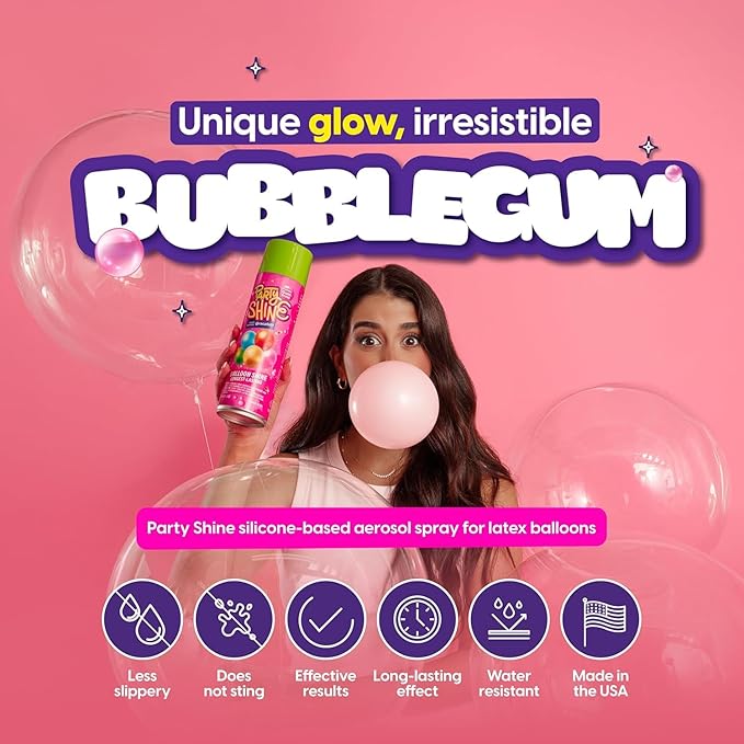 Party Shine Bubble Gum Balloon Shine Spray, Silicone Spray for Latex Balloons, Sweet Bubble Gum Scent, Waterproof, Non-Slip Formula, Balloon Spray Shine Perfect for Party Decorations, 8oz (2 Pack)