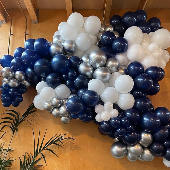 Navy Blue and Silver Balloons Garland Arch Kit,150pcs Navy Blue Silver and White Latex Balloons in Different Sizes for New Year Graduation Baby Shower Birthday Prom Wedding Party Decorations