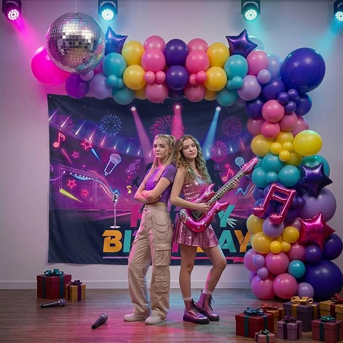 Purple hot pink Balloon Arch Garland Kit with backdrop Musical symbols Disco Star mylar balloons for kpop music Birthday Decorations Y2K Concert Movies Tv fans Prom Party Supplies