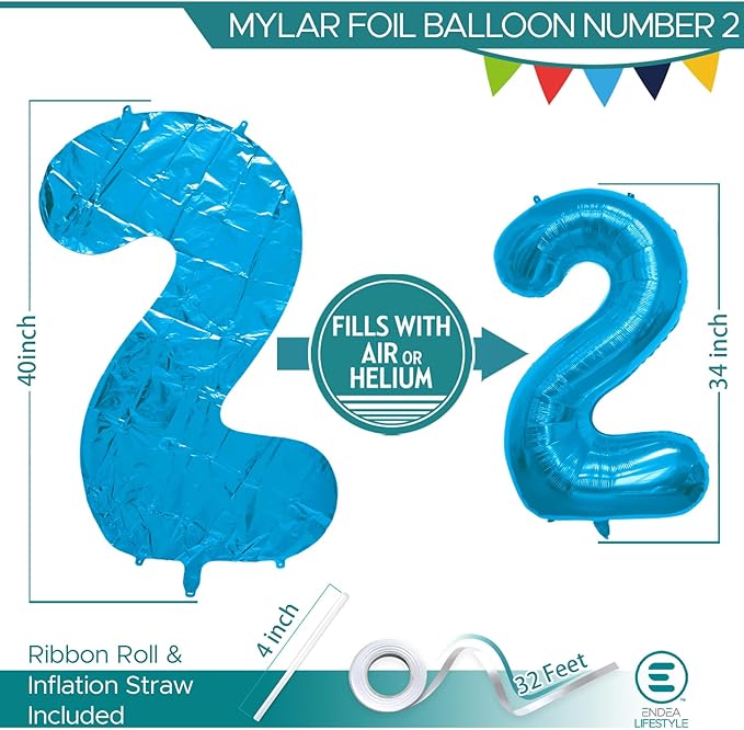 40 Inch Large Blue Number Celebration and Decoration Balloon for Birthday Parties, Graduations, Anniversaries, Weddings, Photo Shoots, Special Events - Helium Foil Mylar (Blue Number 2)