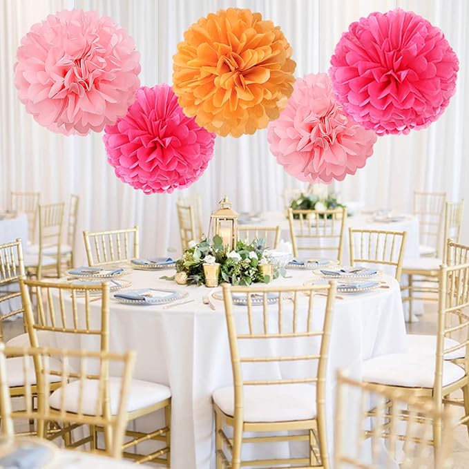 Hot Pink Orange Paper Flowers Tissue Pom Poms Honeycomb Lanterns 15pcs Party Decorations Fall Thanksgiving Wedding Baby Bridal Shower Birthday Autumn Groovy Sunset Hanging Supplies Mprocherify