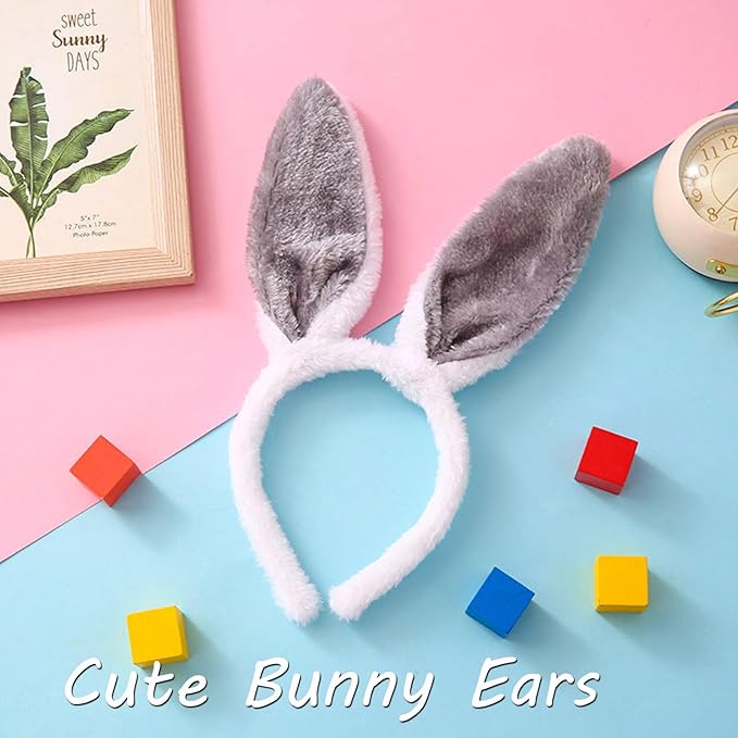 Bunny Headband Easter Hair Bands for Women Girls Kids, Grey Cute Plush Rabbit Ears Hair Accessories Non Slip Headbands Easter Day Party Decoration Supplies