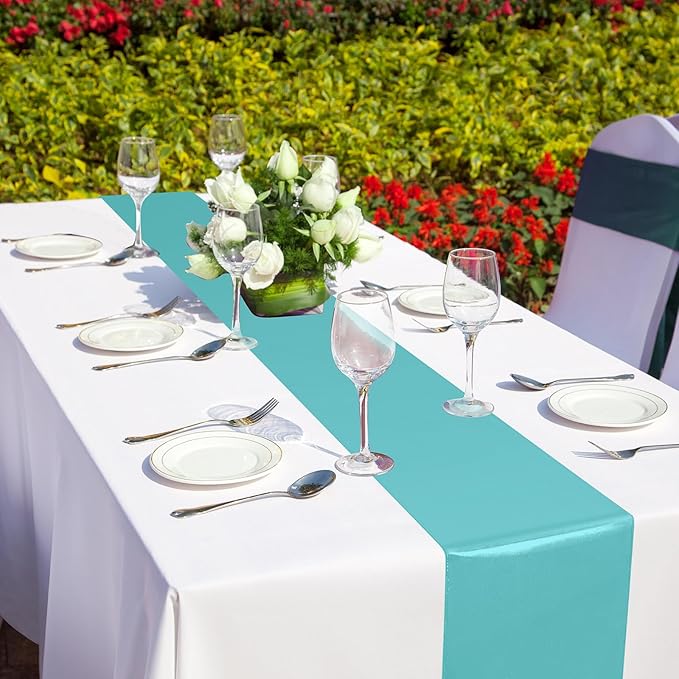 12Pack 12x108 Inch Satin Table Runner and 54x108Inch Plastic Tablecloths Set White and Teal Disposable Rectangle Table Cover for Graduation Wedding Bridal Shower Anniversary Birthday Party Decorations
