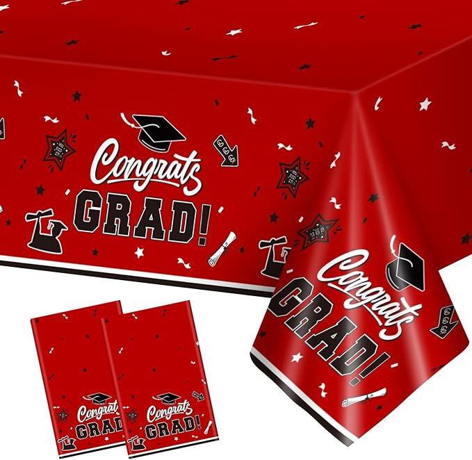 2 Pack Graduation Tablecloth - Congrats Grad Table Cloths, Plastic Disposable Rectangle Red Class of 2026 Table Cover for Graduation Tables Decorations Party Decor Supplies Favors,108 x 54 Inch