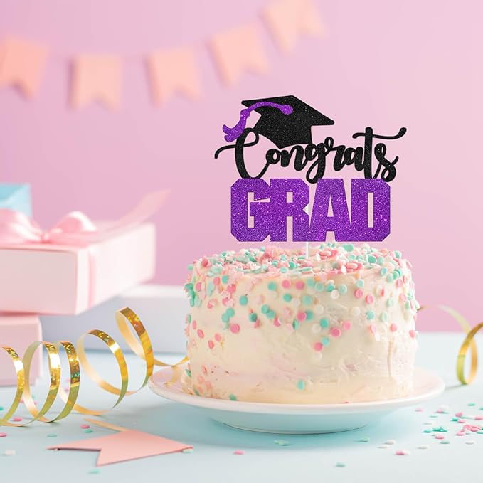 Congrats Grad Cake Topper - High Sohool/College Graduation Party Decoration Supplies - Congratulations Class of 2025 Party Cake Decorations (Purple)