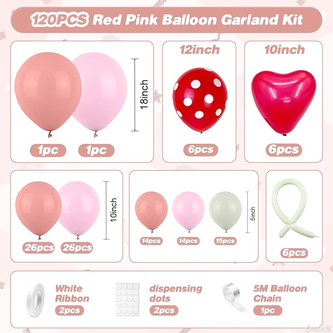 Red Pink Balloon Arch Kit, 120pcs Straw berry Balloon Garland Kit With Red Heart Latex Balloons Polka Dot Balloons For Straw Berry Theme Birthday Baby Shower Party Wedding Bachelorette Anniversary