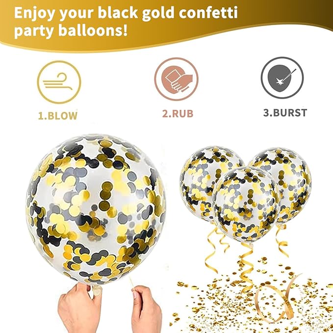 Black and Gold Balloons, 60PCS 12 Inch Metallic Gold and Black Confetti Balloons Black Latex Balloons and Gold Latex Balloons for Birthday Graduation Anniversary Wedding Party Decorations