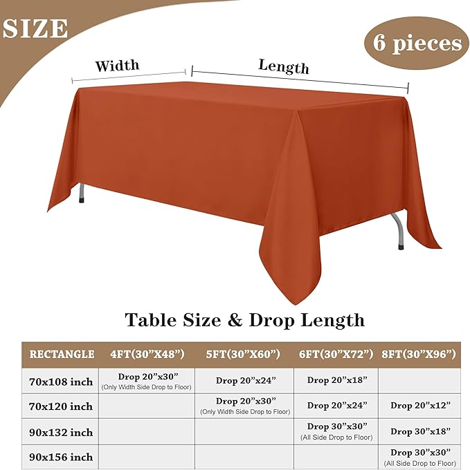 Fitable Rust Rectangle Tablecloths for 6 Foot Tables, 6 Pack - 70 x 108 Inches - Stain Resistant and Washable Fall Table Clothes, Polyester Fabric Table Covers for Wedding, Party, Banquet, Buffect