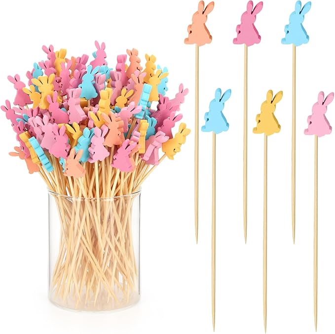 100 Pcs Easter Toothpicks, 4.72 Inch Easter Cocktail Picks for Appetizers, Long Bamboo Toothpicks, Decorative Toothpicks Skewers for Holiday Birthday Party Decorations (Easter Rabbits)