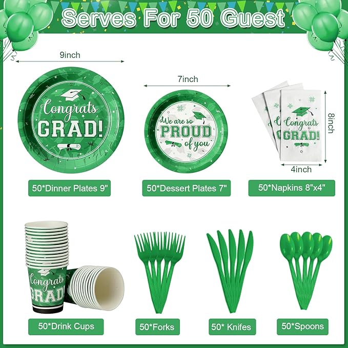 Graduation Party Supplies Congrats Grad Plates and Napkins Set Serve 50, Disposable Tableware Paper Plates Napkins Cups Knives Spoons Forks Straw for Class of 2026 Graduation Party Decorations (Green)