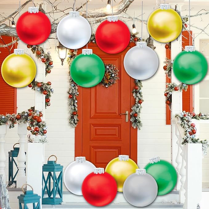 10 PCS Outdoor Decorations, 11 Inch Inflatable Christmas Balls, Festive Ornaments for Front Door Yard, with Pump (Red, Green, White, Gold, Silver)