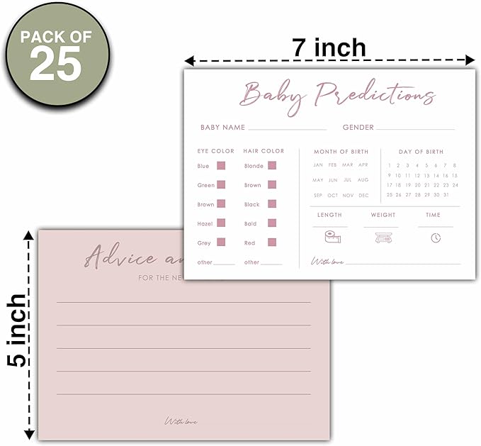 Baby Predictions and Advice Cards, 5" x 7" Pink Baby Shower Predictions Cards, Daily Party Games & Activities Favors for Newparents - G08