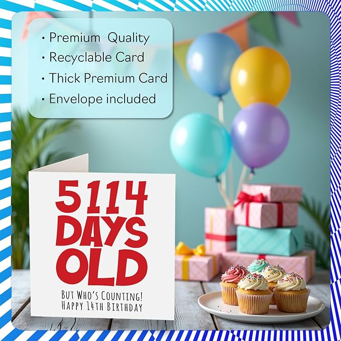 Stuff4 Funny 14th Birthday Card - 5114 Days Old - Hilarious 5.7 x 5.7 Inch Greeting Card for Men, Women, Grandma, Grandpa, Mom, Dad - No Ink Smudge for Messages - Birthday Card Humor for Adults
