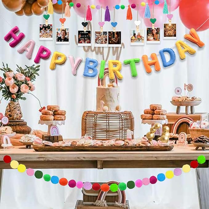 Pre-Strung Happy Birthday Banner, Felt Happy Birthday Garland, Pompom Ball Garland, Colorful Thread Tassel Banner with Photo Clips, Reusable Party Decorations for Party Decor, Photo Prop