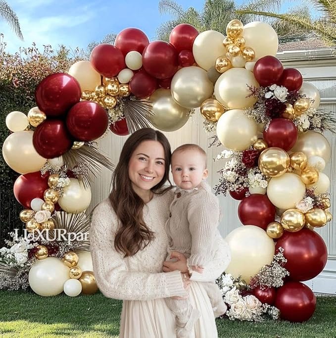 Burgundy Gold Balloons Garland Double Stuffed Wine Red Sand White Metallic Gold Latex Balloons Arch Kit for Bridal Wedding Anniversary Baby Shower Birthday Party Decorations