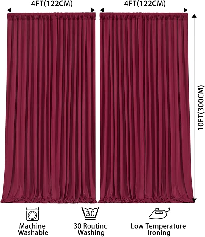8x10FT Burgundy Backdrop Curtains for Wedding, Wrinkle Free Polyester Photography Backdrop Drapes for Baby Shower Birthday Parties Valentine's Day Stage Background Stand Decorations 4x10ft,2 Panels