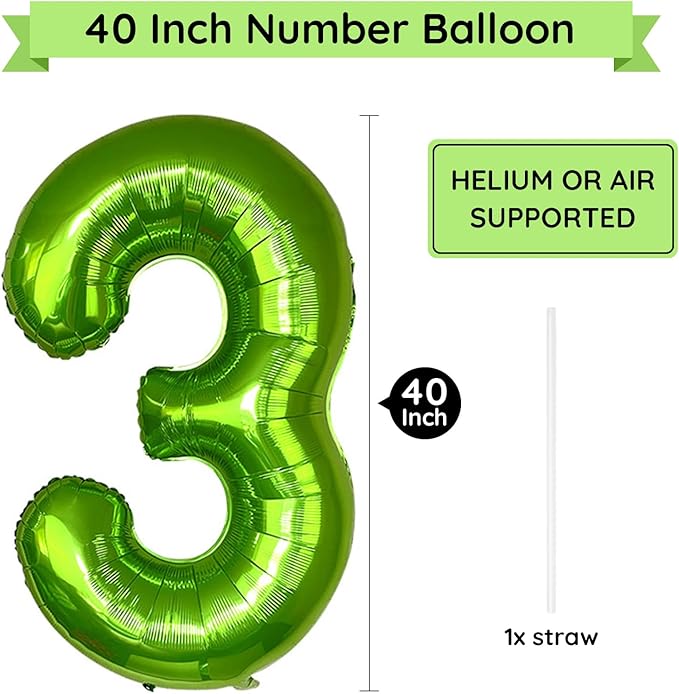 40 Inch Green Number Balloon 3, Large Number Foil Balloons Mylar for Girl Boy Birthday Party Celebration Decorations Supplies, Digital Balloons for Wedding Anniversary Events Decorations