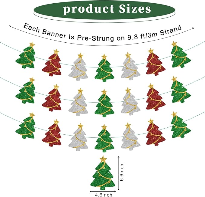 3 Set Pre-Strung Christmas Decorations,Glitter Christmas Tree Banner Garland for Winter Party,Mantle Decor,Xmas Door Wall Window Hanging Decoration,Happy Holidays Decorations