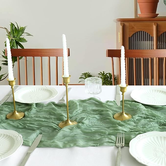 10FT Sage Green Table Runner, 35*120inch Boho Green Table Runners Cheese Cloth Runner for Wedding Bridal Shower Baby Shower Party Table Centerpiece Table Decor