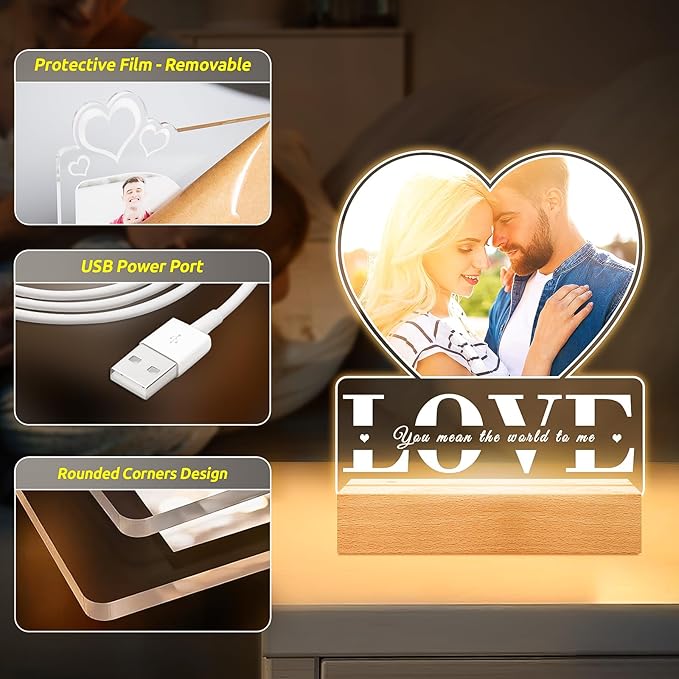Personalized Picture Frame with Photo, Custom Photo Frame with Night Light, Customized Gifts for Girlfriend Boyfriend, Personalized Anniversary Couple Gifts for Women Men Her Him Wife