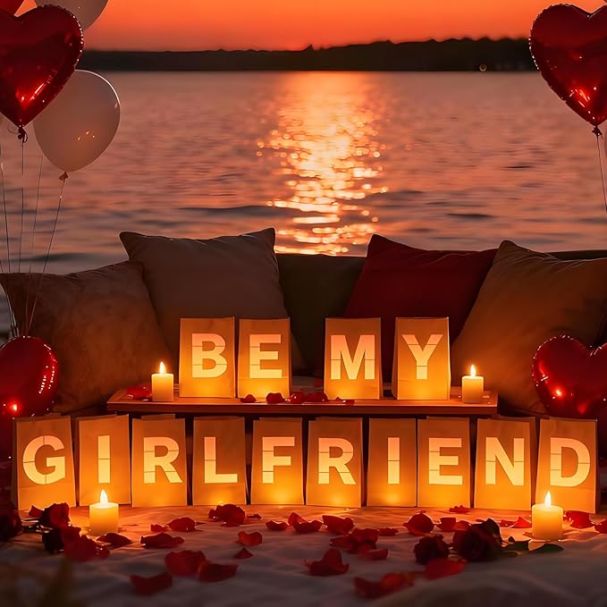 Be My Girlfriend Light Up Letters, Include Light up Letters, with Tea Lights Candles, Latex Balloons, Aluminum Balloons and Rose Petals, Anniversary and Valentines' Day Decorations for Women