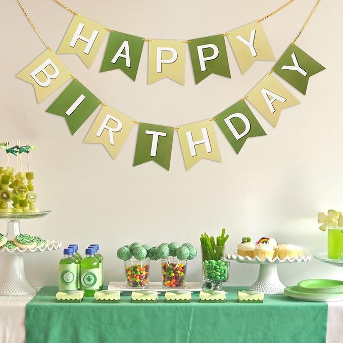 Happy Birthday Banner Birthday Party Banner NO DIY Happy Birthday Sign Pre-Strung Birthday Hanging Decoration for Women Men Girl Boy Party Supplies (Brown Green)