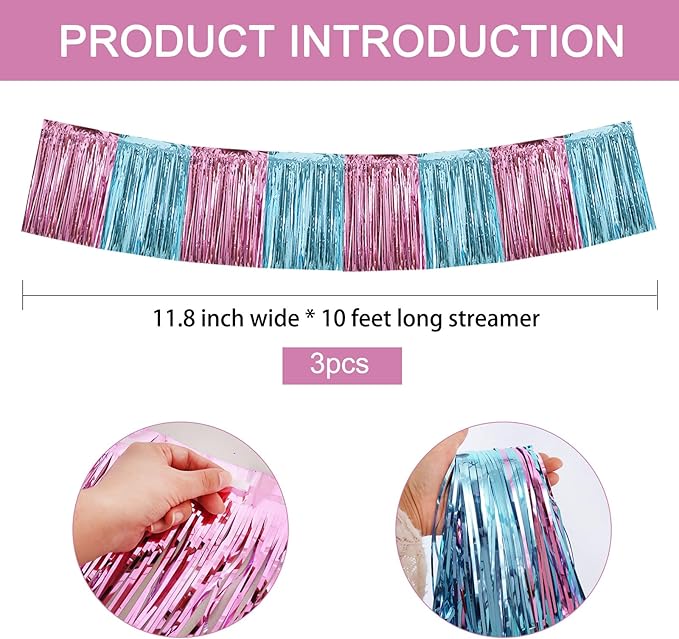 BEISHIDA 3 Packs Metallic Foil Fringe Garland Pink Light Blue Wall Hanging Tinsel Fringe Banners for Car Floats Bridal Shower Wedding Birthday Graduation Holiday Party Decoration(30 Feet)
