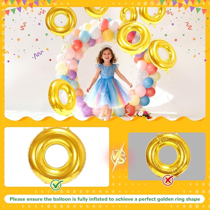 6 Pack 30" Gold Ring Balloons for Cartoon Characters Themed Party Decor, Hedgehog Theme Birthday & Anniversary Backdrop, Shiny Foil Balloons with Ribbons & Fishing Line