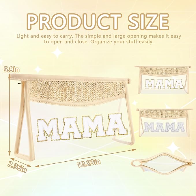 Iqimott Clear Patch Makeup Letter Bag, Boho Letter Bag for Beach Swim, Waterproof Zipper Make up Bags Toiletry Pouch for Women Girls, Clear Letters Patch Cosmetic Bags for Travel(Mama, Beige)