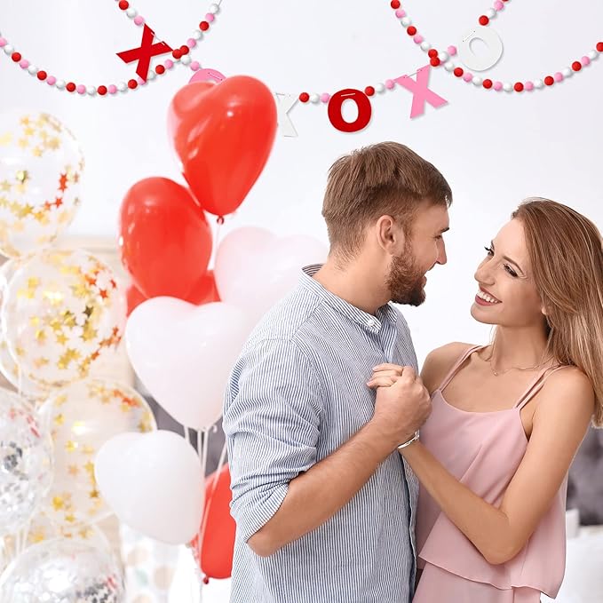 Breling 3 Pieces Valentine's Day Garland Felt Ball Garland, 10ft Pompom Valentines Decorations Banner for Mantle Fireplace Room Valentine Hanging Decor (Pink, XOXO)