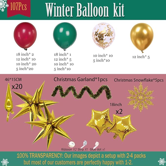 Christmas party decorations with Maroon Hunter Green Gold confetti Balloon arch & foil Star balloons & Artificial Snowflake Xmas Garland for Winter friendsmas new year party decorations (Maroon)