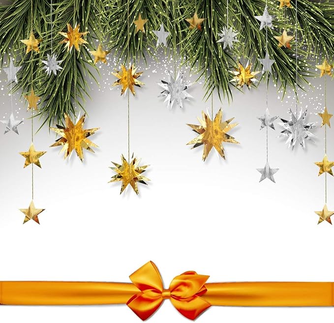 pinkblume Silver Star Garland Party Decorations Kit 3D Stars Metallic Bunting Banner for Holiday Xmas Birthday Wedding Baby Shower Hanging Decorations for Christmas Nursery Decor Clearance(4 Set)