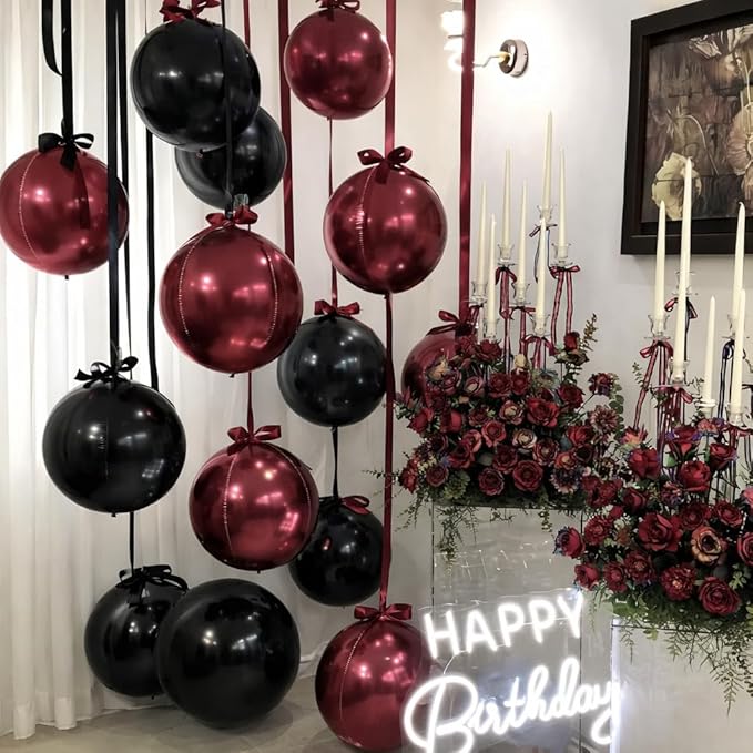 Togvu Black Burgundy Round Foil Balloons, 16PCS Different Sizes 4D Black Balloon Maroon Large Mirror Ball Balloons for Prom Graduation New Year Halloween Birthday Party Ceiling Decorations Supplies