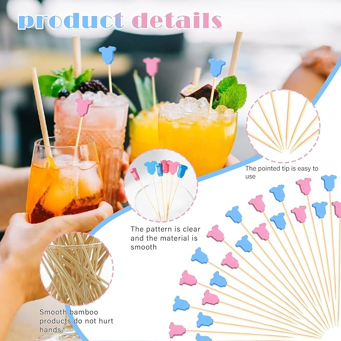 100Pcs Baby Gender Reveal Cocktail Picks Boy or Girl Theme Decor Toothpicks Fruit Sticks Skewers for Appetizer Food Sandwich Charcuterie Board Accessories, Baby Shower Decorations Party Supplies