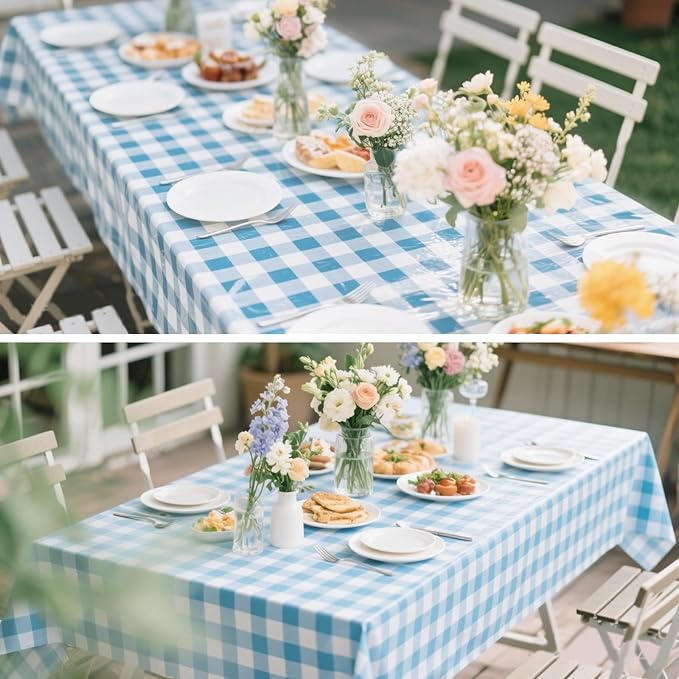 3 Packs Sky Blue Checkered Tablecloth 54 x 108 Inch Waterproof Rectangular Plaid Tablecloth Disposable Plastic Table Cover for Holiday Birthday Party