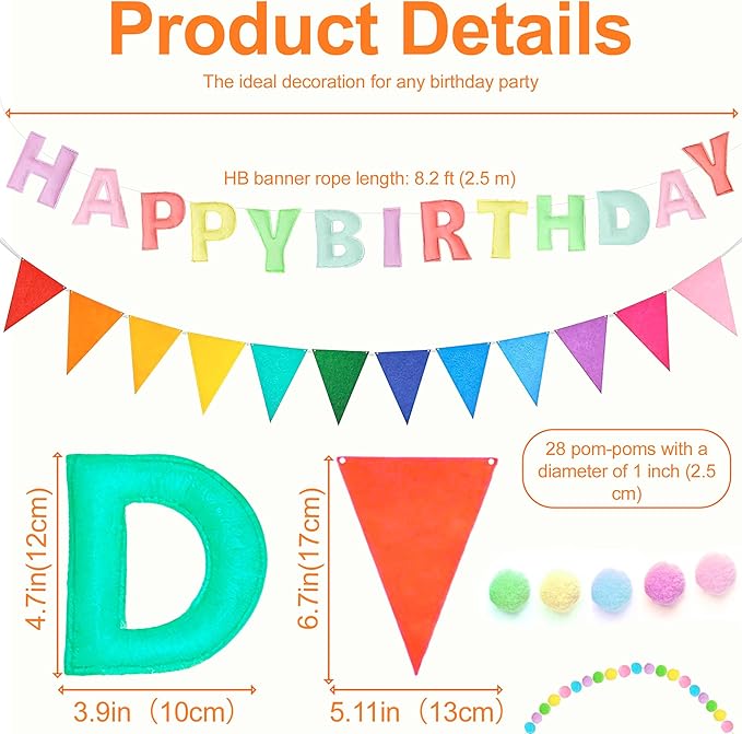 3PCS Pre-Strung 3D Macaron Pastel Felt Happy Birthday Banner Set – Pom Pom Garland & Triangle Bunting, Reusable Happy Birthday Decorations, Felt Happy Birthday Banner & Sign for Girls, Boys & Teens