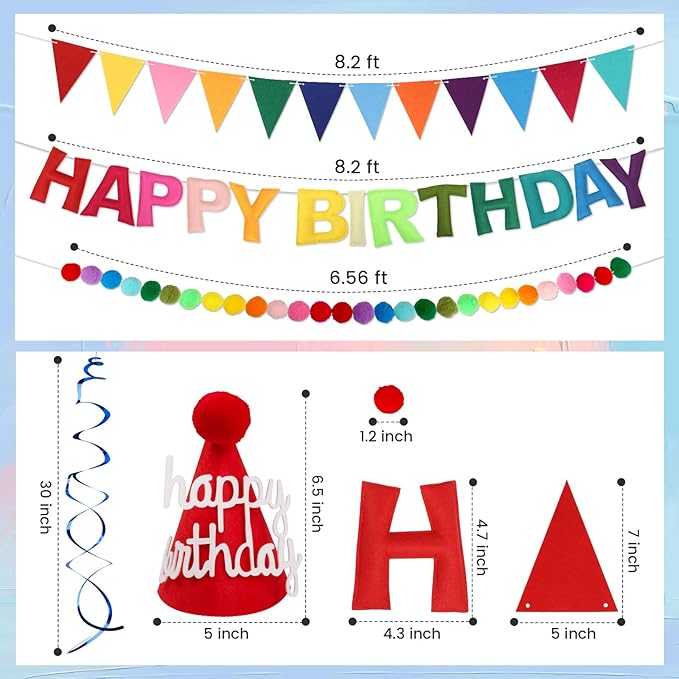Pre Strung Happy Birthday Banner Set - Felt Ball Garland, Felt Birthday hat and Pennant Flags & Colorful Hanging Swirl, Reusable Rainbow Party Decorations for Kids & Adults