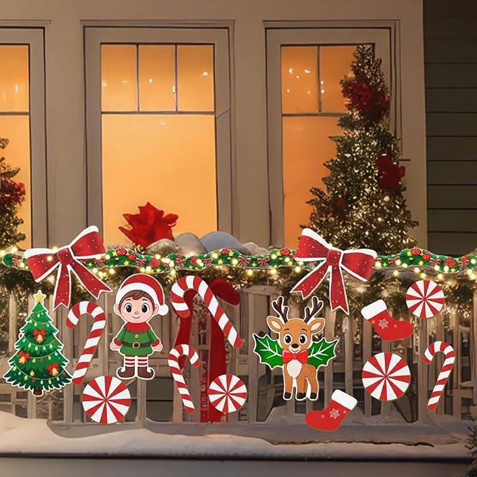 22 Pcs Christmas Fence Decorations Outdoor Xmas Garland Deer Gingerbread Peppermint Candy Yard Signs with LED String Lights for Christmas Holiday Outside Lawn Garden Window DIY Decor