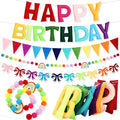 Happy Birthday Banner Set- Pre Strung Reusable Felt 3D Happy Birth Day Sign Banner, Pompom Garland, Bunting Flags and Bow Garland for Birthday Party Decorations for Women Men Boys Girls