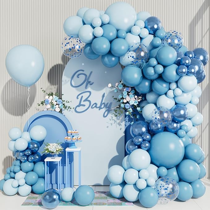 Baby Blue Balloon Arch Garland Kit, Metallic Macaron Pastel Light Blue Confetti Balloons, Different Sizes Balloons for Baby Shower, Birthday, Wedding, Ocean Themed Party Decoration