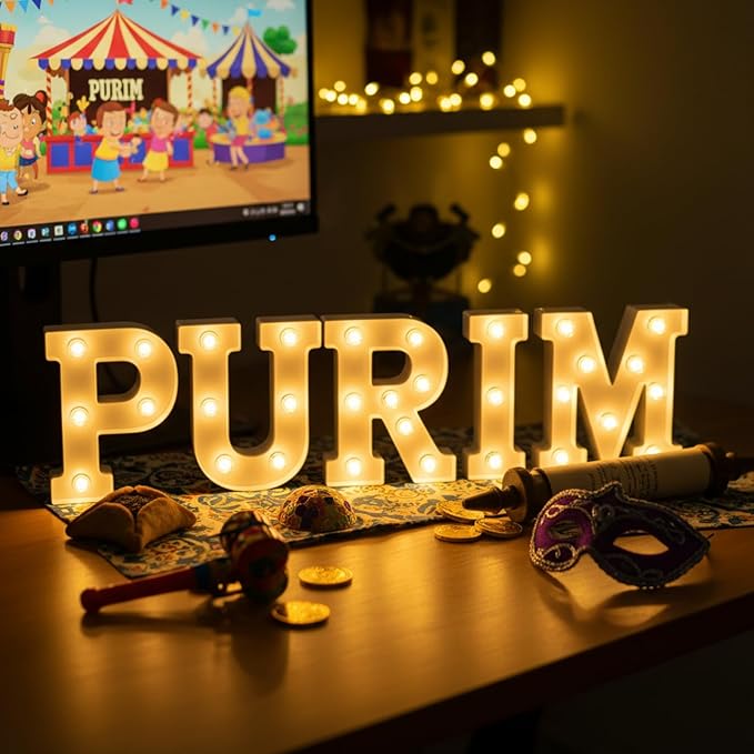 Honoson 5 Pcs Happy Purim Party Decorations Purim Light up Neon Lights Sign for Jewish Carnival Party Indoor Outdoor Table Wall Decorations Activity Supply