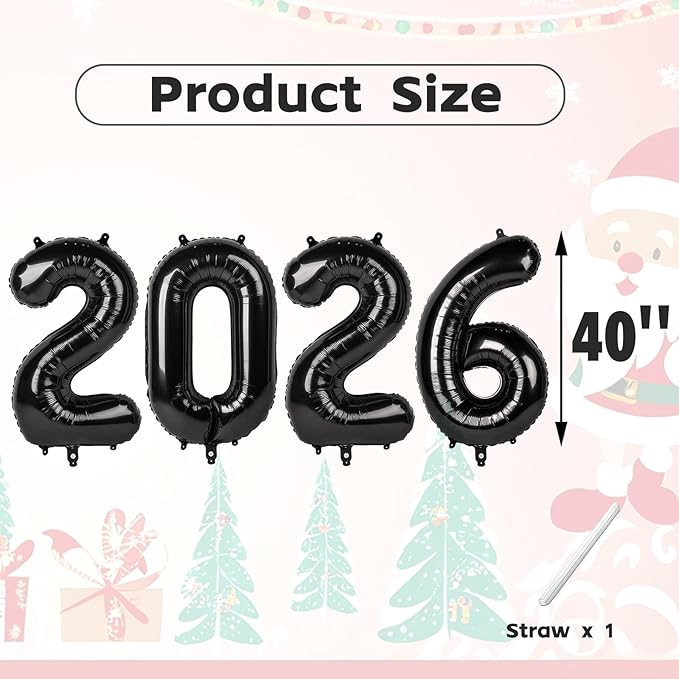 40 Inch Black Number Balloons, 2026 Number Balloons, New Years Decorations, 2026 Balloon for Graduation Happy New Year and 2 6 20 26 Birthday Parties