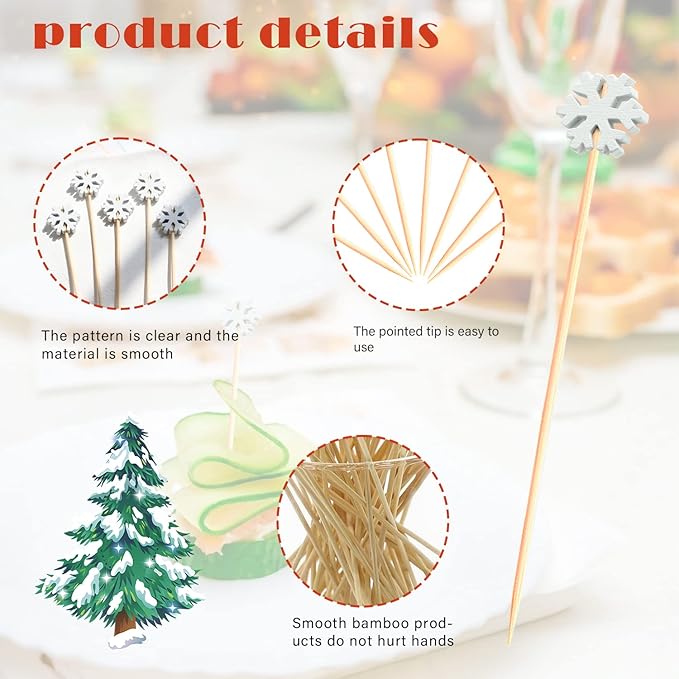 100pcs Snowflakes Cocktail Picks 4.9" Long Food Toothpicks Fruit Sticks Sandwich Appetizer Charcuterie Skewers, Made of Bamboo Wood, for Winter Snow Frozen Christmas Decoration Party Supplies