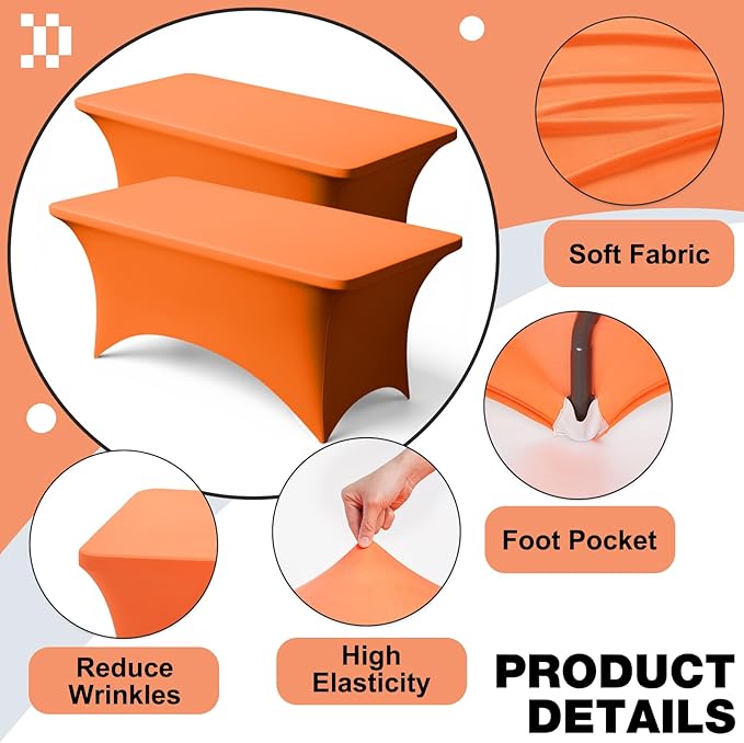 Trlyc 2 Pack 6FT Spandex Table Cloth - 72 x 30 Inch Rectangular Stretch Tablecloth, Wrinkle Resistant Scretch Table Cover for Wedding, Party, Banquet, Picnic, Outdoor Decoration (2Pcs,Orange)