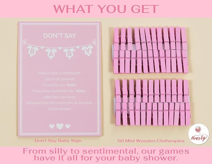 Party Hearty Baby Shower Games for Girl, Don't Say Baby Game,1 Sign and 50 Mini Pink Clothespins, Shower Game Ideas
